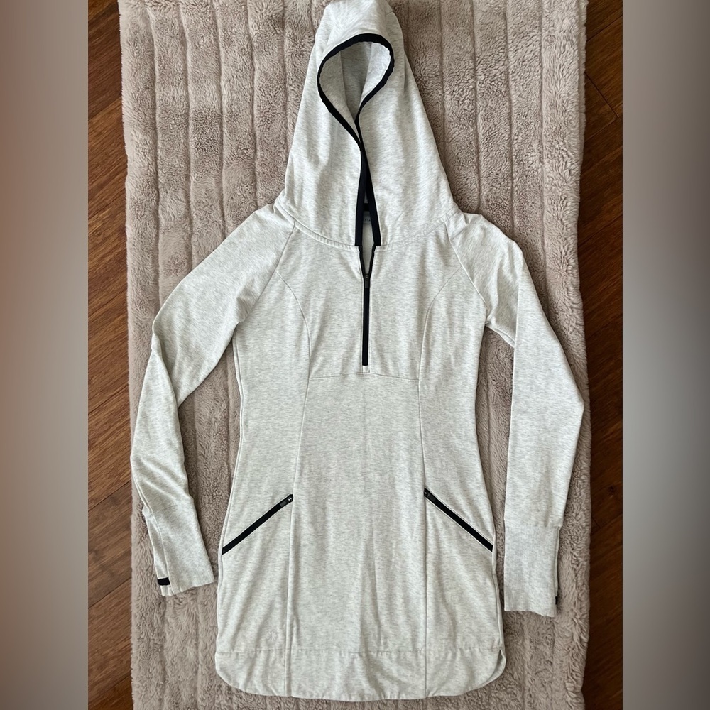 Athleta Dress Athleisure Heather Gray Black Zipper Trim Hooded Mini SZ XS Active - Picture 2 of 9
